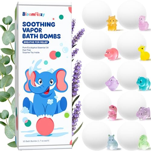 BloomFizzy Soothing Vapor Bath Bombs for Kids with Surprise Toys Inside, Eucalyptus & Lavender Essential Oils, Dye-Free Aromatherapy Bath Fizzies, 10 Pack Avelisse