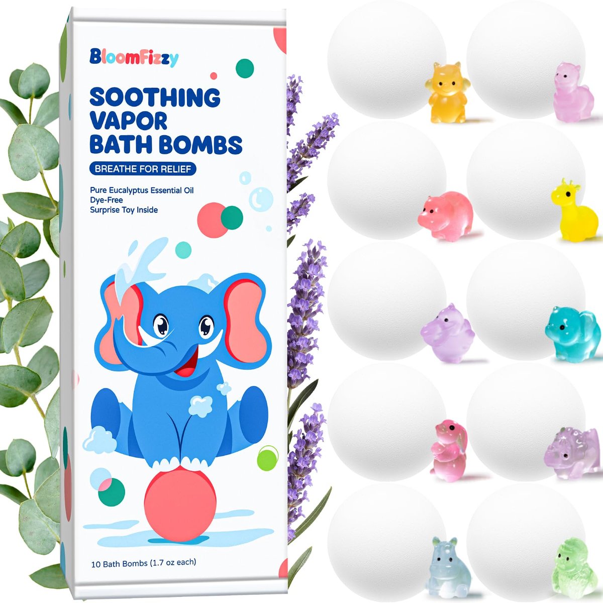 BloomFizzy Soothing Vapor Bath Bombs for Kids with Surprise Toys Inside, Eucalyptus & Lavender Essential Oils, Dye-Free Aromatherapy Bath Fizzies, 10 Pack Avelisse