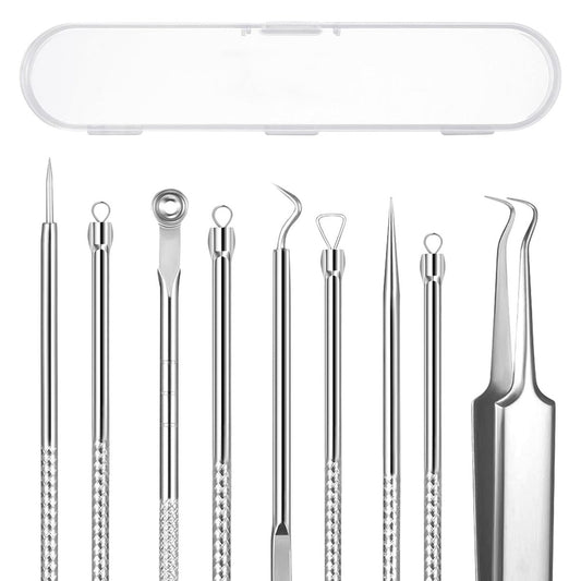 Professional Blackhead Remover Kit - 5-Piece Stainless Steel Comedone Extractor for Acne & Blemish Removal with Curved Tweezers