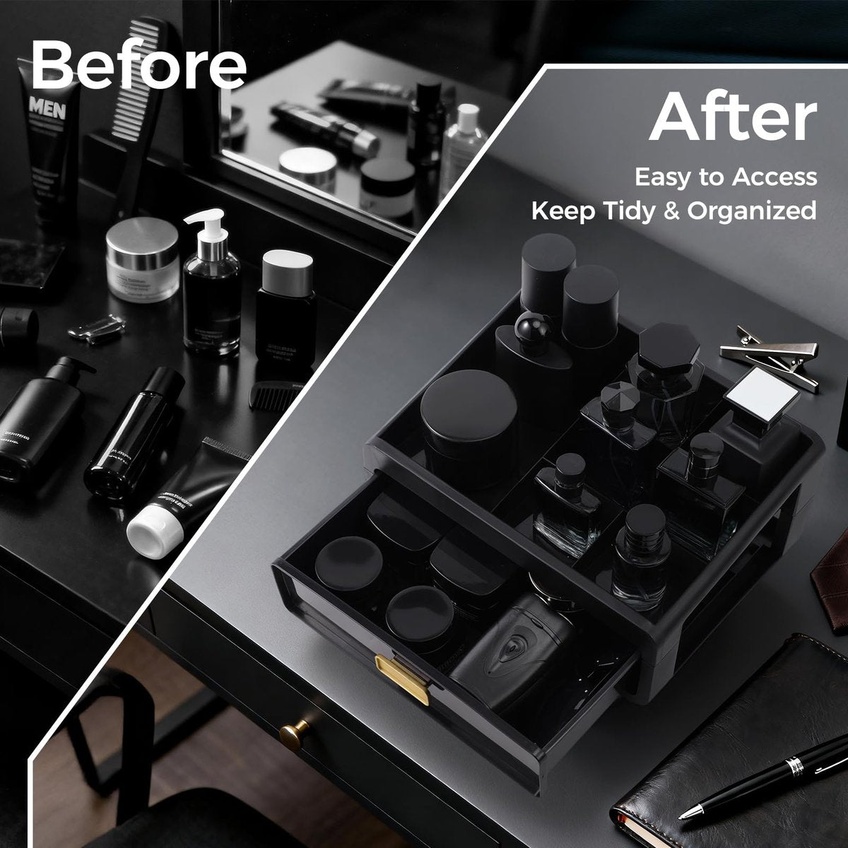 UJQSUN Black Cologne Organizer for Men - Perfume Tray & Dresser Organizer, Bathroom Countertop Storage, Under Sink Organizer, Colognes Stand - görsel 5
