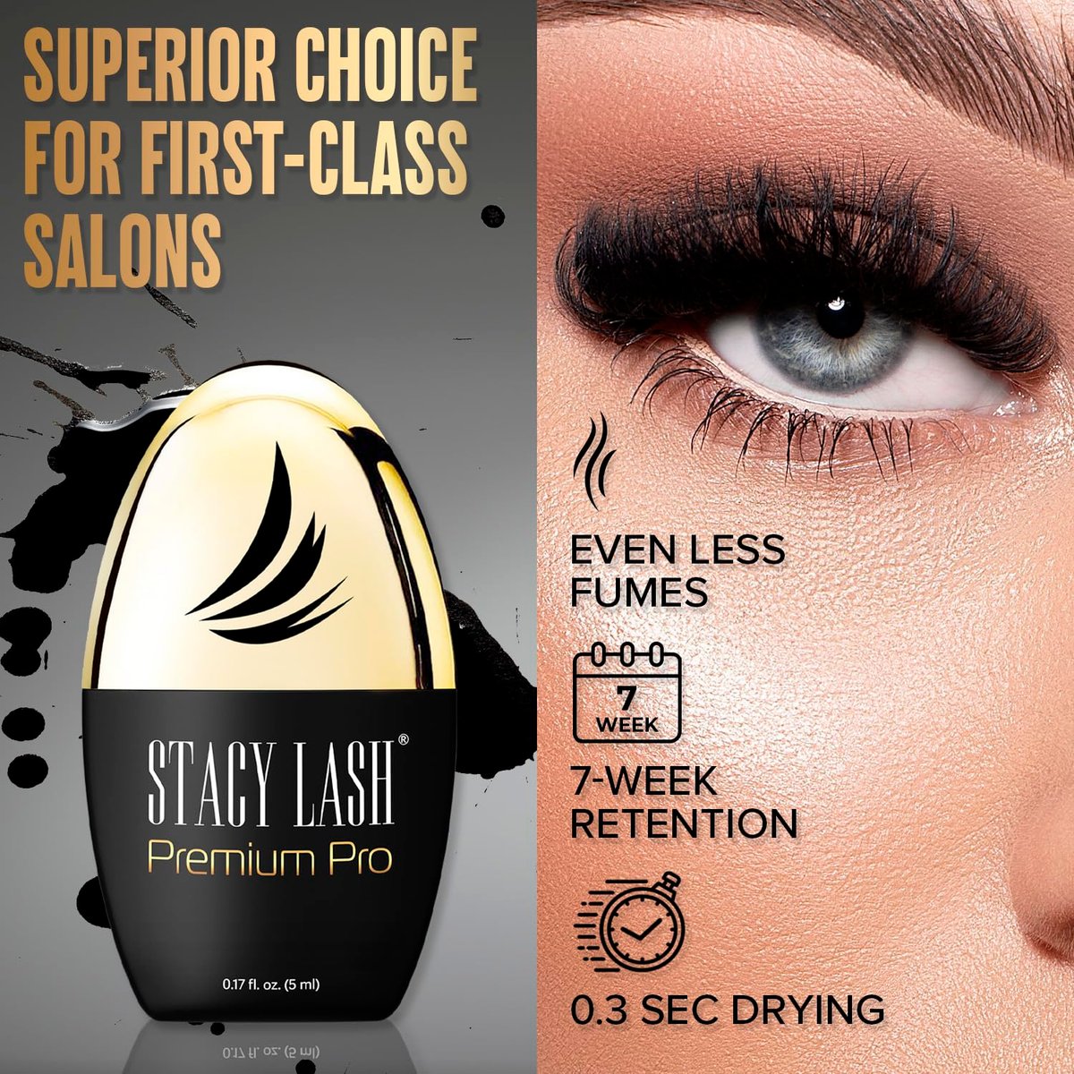 STACY LASH Premium Pro Eyelash Extension Glue – Extra Strong Black Adhesive, 0.3 Sec Drying, 7 Week Retention (0.17 fl oz/5ml) Avelisse