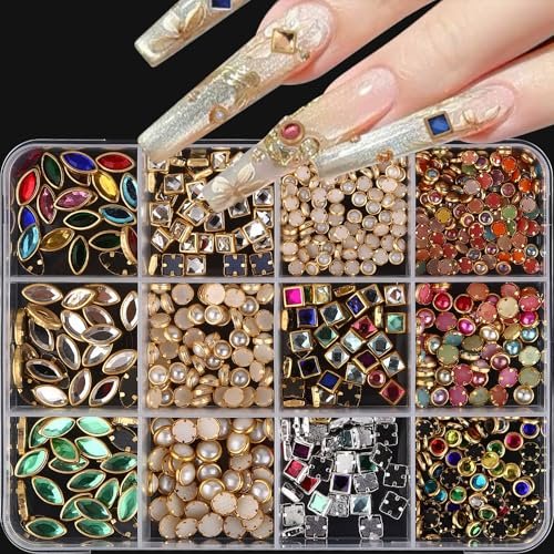 Jremg Luxury 3D Nail Charms - Multicolored Mixed Shape Flat-Back Rhinestones for DIY Nail Art & Crafts, 12 Grids - görsel 2