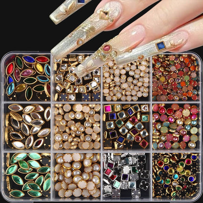 Jremg Luxury 3D Nail Charms - Multicolored Mixed Shape Flat-Back Rhinestones for DIY Nail Art & Crafts, 12 Grids