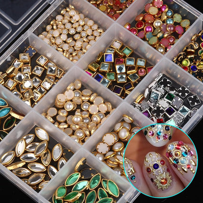 Jremg Luxury 3D Nail Charms - Multicolored Mixed Shape Flat-Back Rhinestones for DIY Nail Art & Crafts, 12 Grids