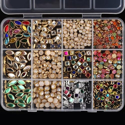 Jremg Luxury 3D Nail Charms - Multicolored Mixed Shape Flat-Back Rhinestones for DIY Nail Art & Crafts, 12 Grids