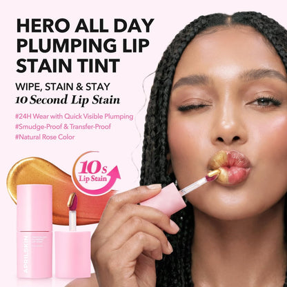 APRILSKIN Hero All Day Plumping Lip Stain - 24H Long-Lasting, Quick Visible Plumping, Smudge-Proof & Transfer Proof Wipe-Off Tint - Natural Rose (0.14 oz)