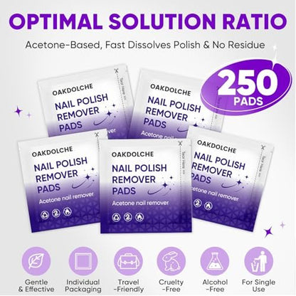 OAKDOLCHE 250 Pack Bulk Acetone Nail Polish Remover Pads, Individually Wrapped & Travel-Friendly, Quick & Effective for Gel & Fingernail Polish, Home & Professional Nail Polish Removal Wipes
