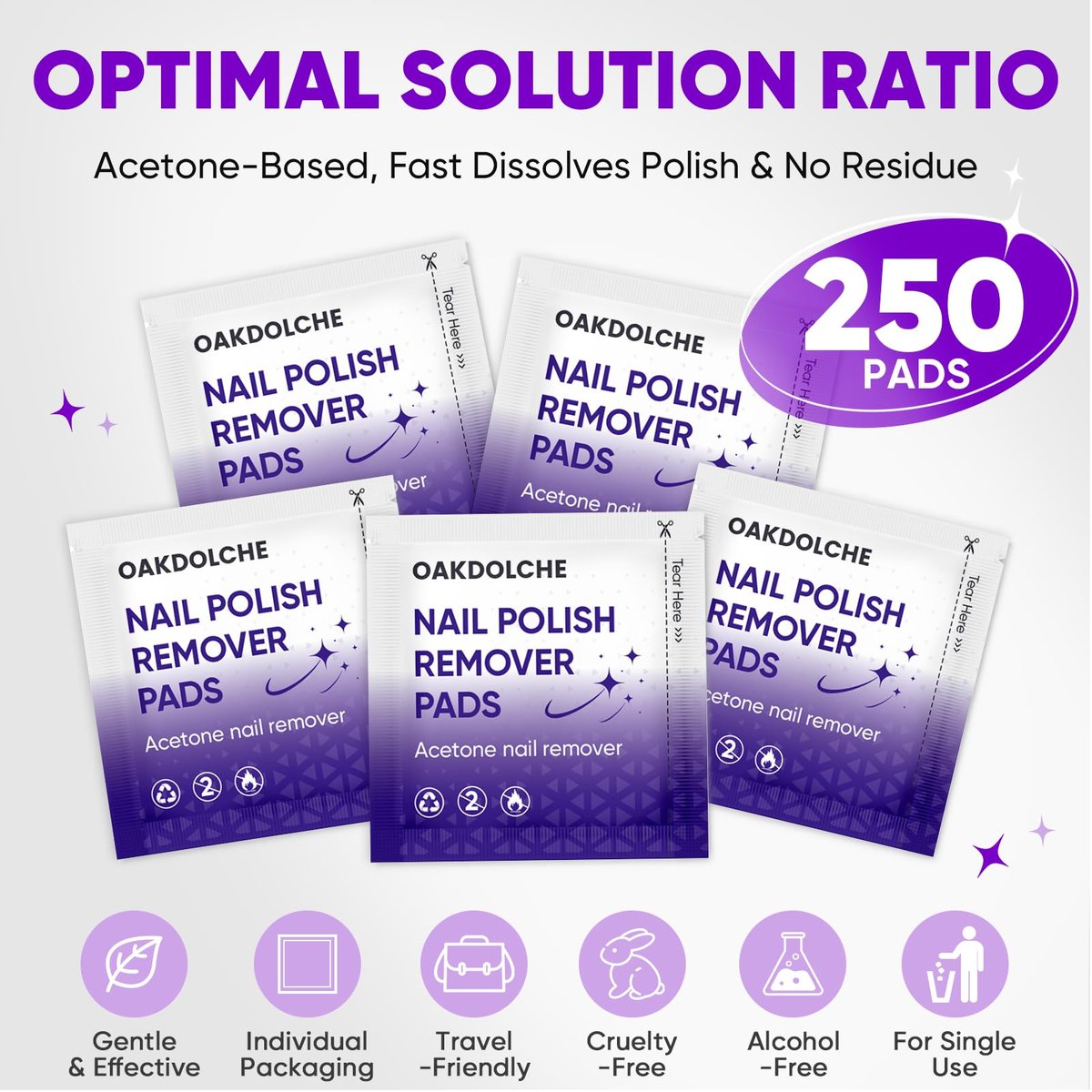 OAKDOLCHE 250 Pack Bulk Acetone Nail Polish Remover Pads, Individually Wrapped & Travel-Friendly, Quick & Effective for Gel & Fingernail Polish, Home & Professional Nail Polish Removal Wipes - görsel 13