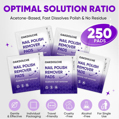 OAKDOLCHE 250 Pack Bulk Acetone Nail Polish Remover Pads, Individually Wrapped & Travel-Friendly, Quick & Effective for Gel & Fingernail Polish, Home & Professional Nail Polish Removal Wipes
