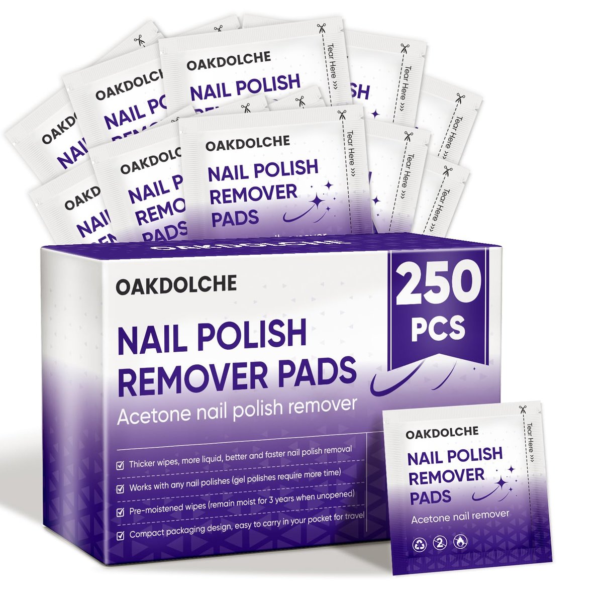 OAKDOLCHE 250 Pack Bulk Acetone Nail Polish Remover Pads, Individually Wrapped & Travel-Friendly, Quick & Effective for Gel & Fingernail Polish, Home & Professional Nail Polish Removal Wipes - görsel 1
