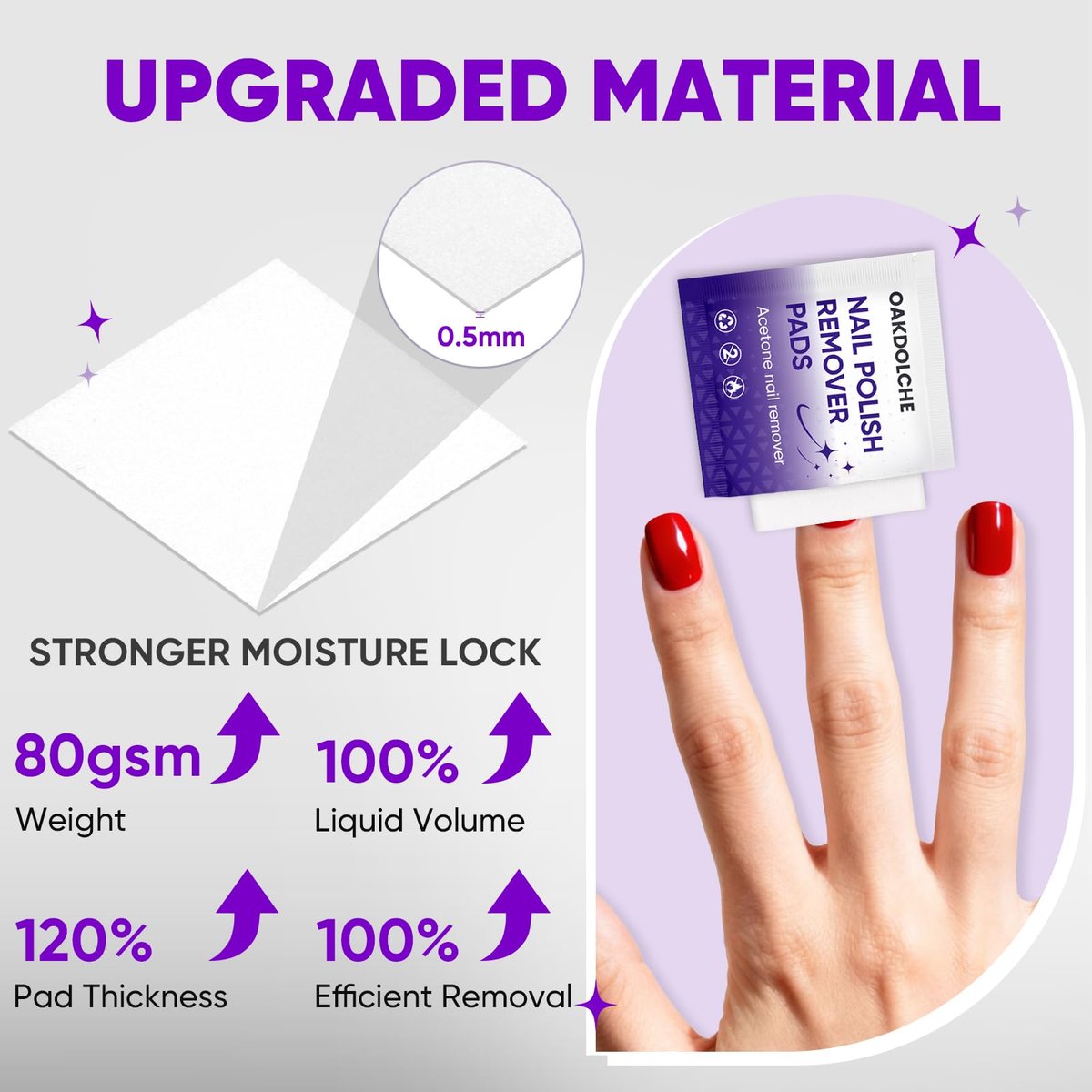 OAKDOLCHE 250 Pack Bulk Acetone Nail Polish Remover Pads, Individually Wrapped & Travel-Friendly, Quick & Effective for Gel & Fingernail Polish, Home & Professional Nail Polish Removal Wipes - görsel 5