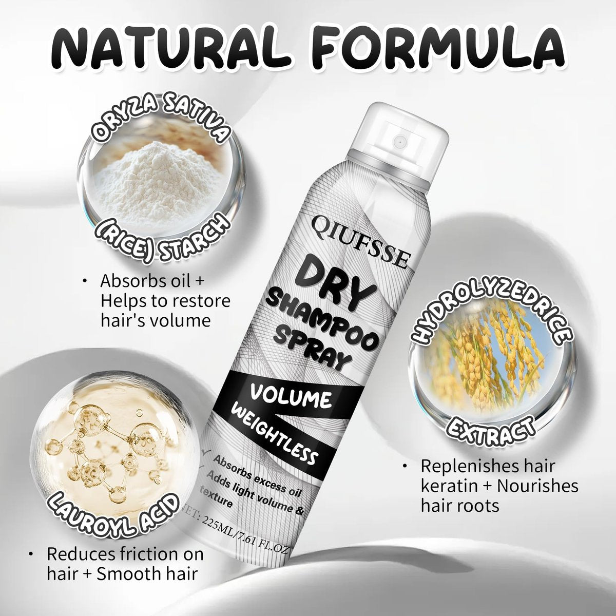 QIUFSSE Dry Shampoo Spray - Volumizing Dry Shampoo for Women & Men, Absorbs Excess Oil, Instant Refresh Hair, Rice Starch, Keratin, Nourishes Hair Roots, 7.61 oz Avelisse