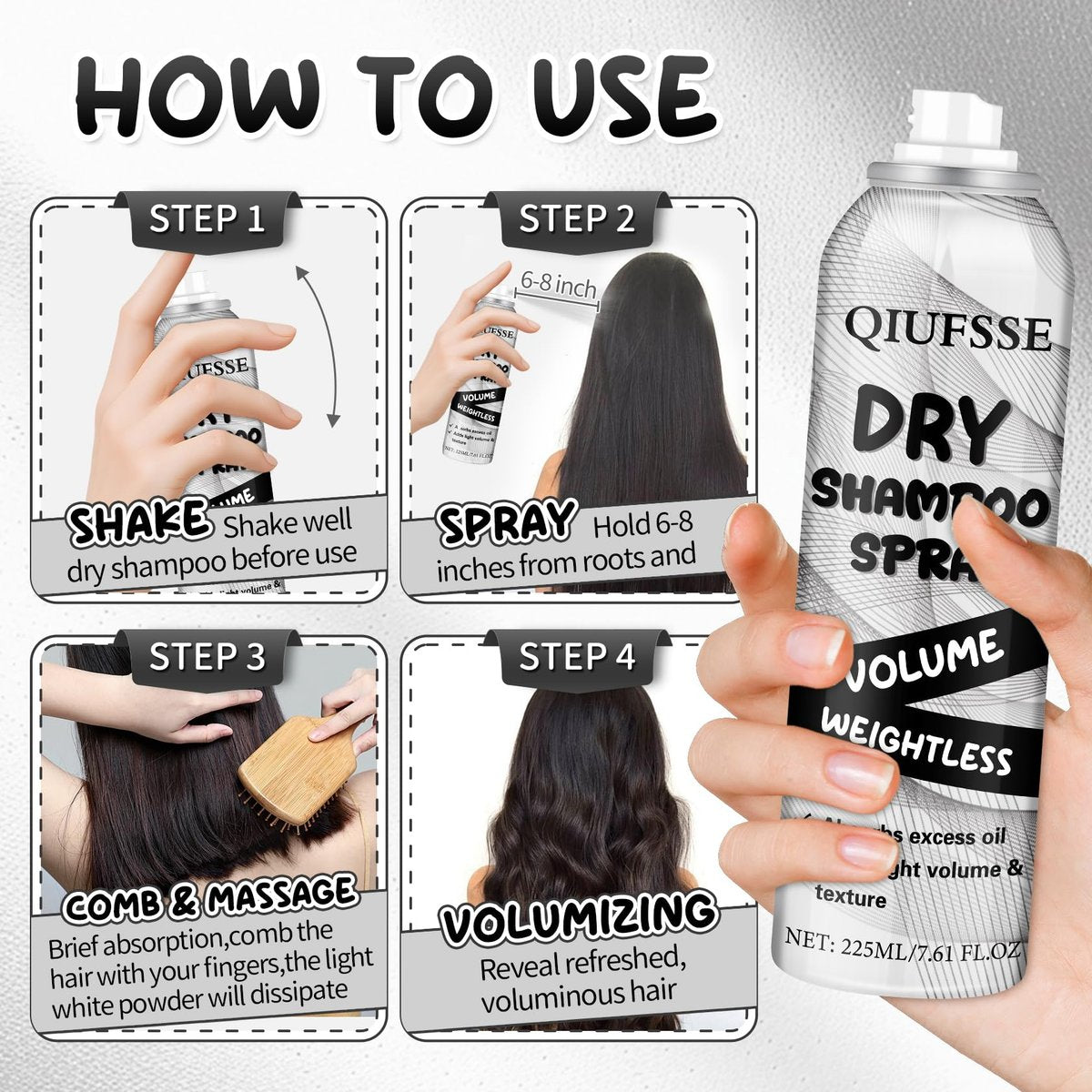 QIUFSSE Dry Shampoo Spray - Volumizing Dry Shampoo for Women & Men, Absorbs Excess Oil, Instant Refresh Hair, Rice Starch, Keratin, Nourishes Hair Roots, 7.61 oz Avelisse