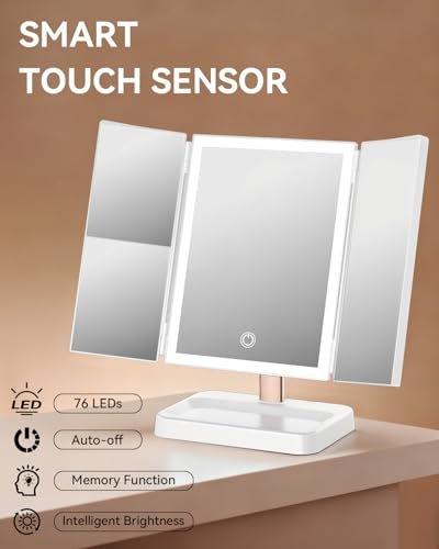 CALEPOP Trifold Vanity Mirror with Lights - 9"x14" Large Makeup Mirror with 1X/2X/3X Magnification, Touch Control, Dual Power Supply, White Avelisse