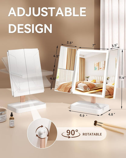 CALEPOP Trifold Vanity Mirror with Lights - 9"x14" Large Makeup Mirror with 1X/2X/3X Magnification, Touch Control, Dual Power Supply, White Avelisse