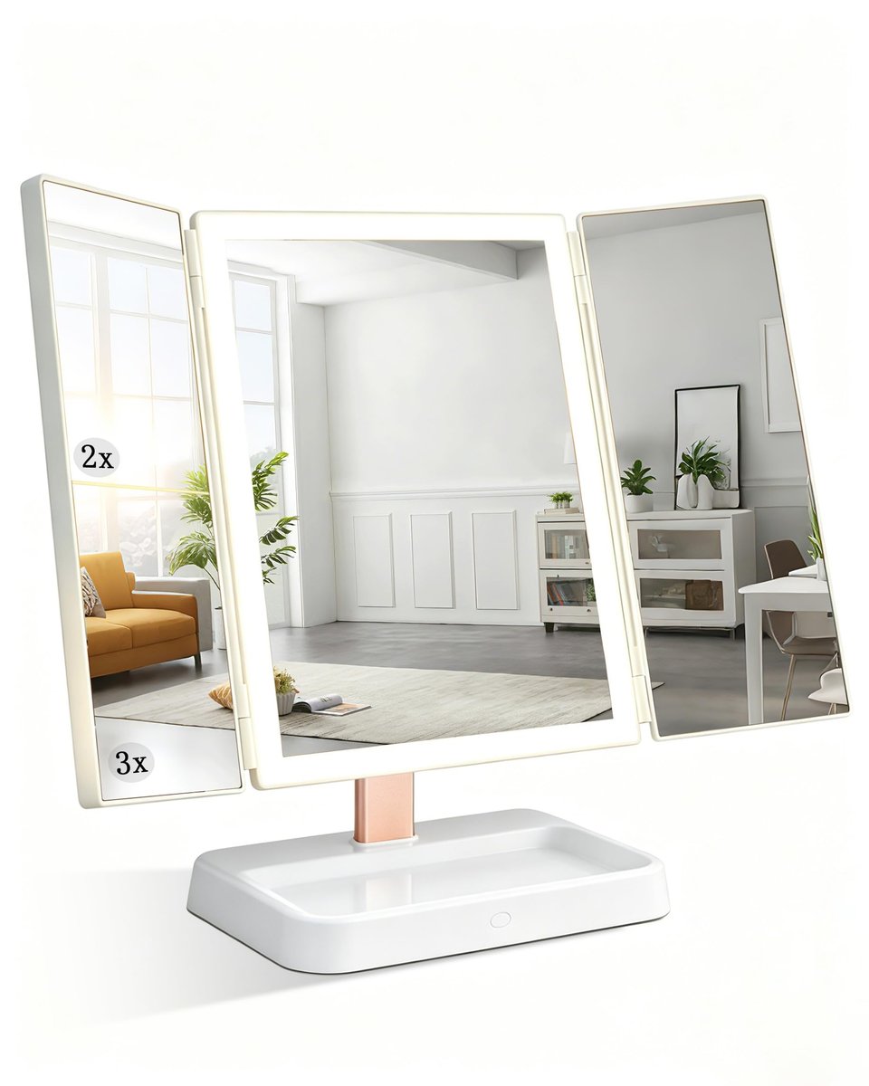 CALEPOP Trifold Vanity Mirror with Lights - 9"x14" Large Makeup Mirror with 1X/2X/3X Magnification, Touch Control, Dual Power Supply, White Avelisse