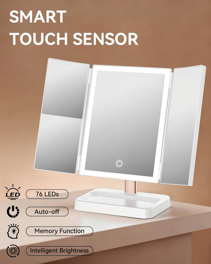 CALEPOP Trifold Vanity Mirror with Lights - 9"x14" Large Makeup Mirror with 1X/2X/3X Magnification, Touch Control, Dual Power Supply, White Avelisse