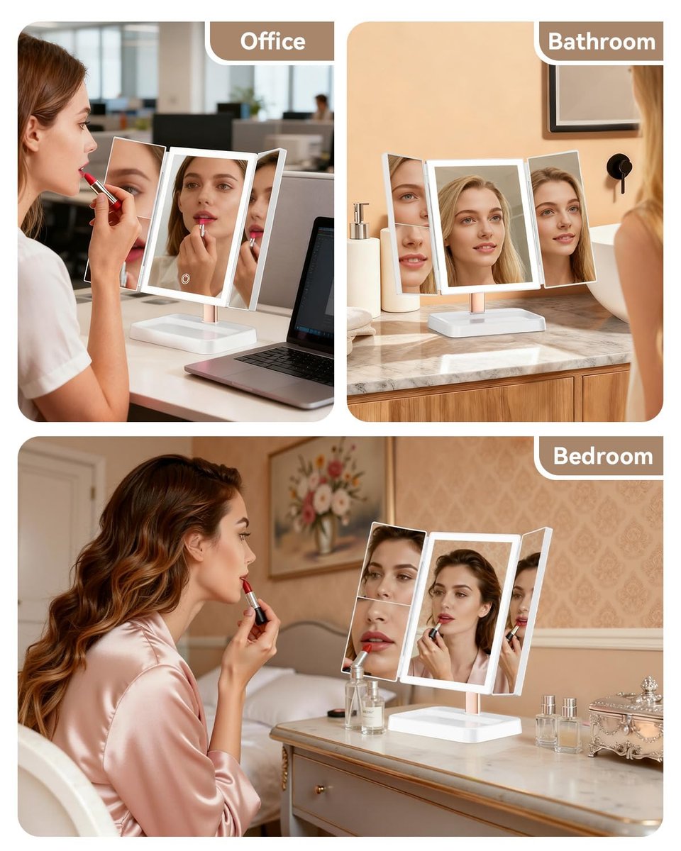 CALEPOP Trifold Vanity Mirror with Lights - 9"x14" Large Makeup Mirror with 1X/2X/3X Magnification, Touch Control, Dual Power Supply, White Avelisse
