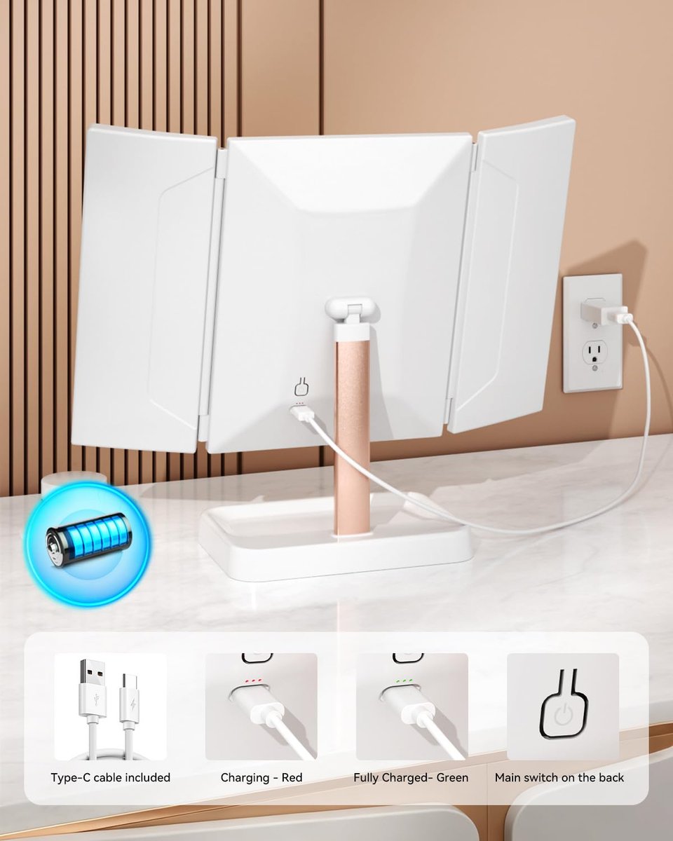 CALEPOP Trifold Vanity Mirror with Lights - 9"x14" Large Makeup Mirror with 1X/2X/3X Magnification, Touch Control, Dual Power Supply, White Avelisse