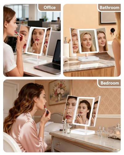 CALEPOP Trifold Vanity Mirror with Lights - 9"x14" Large Makeup Mirror with 1X/2X/3X Magnification, Touch Control, Dual Power Supply, White Avelisse