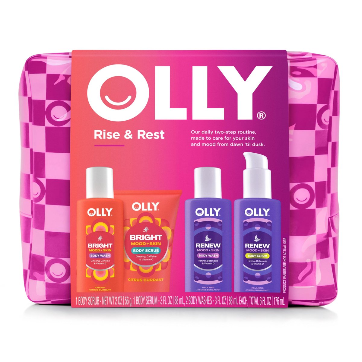 OLLY Rest & Rise Body Care Set – Day & Night Regimen – 2 Body Washes + Body Serum Lotion + Scrub – Nourishing, Hydrating – 4 Count Avelisse