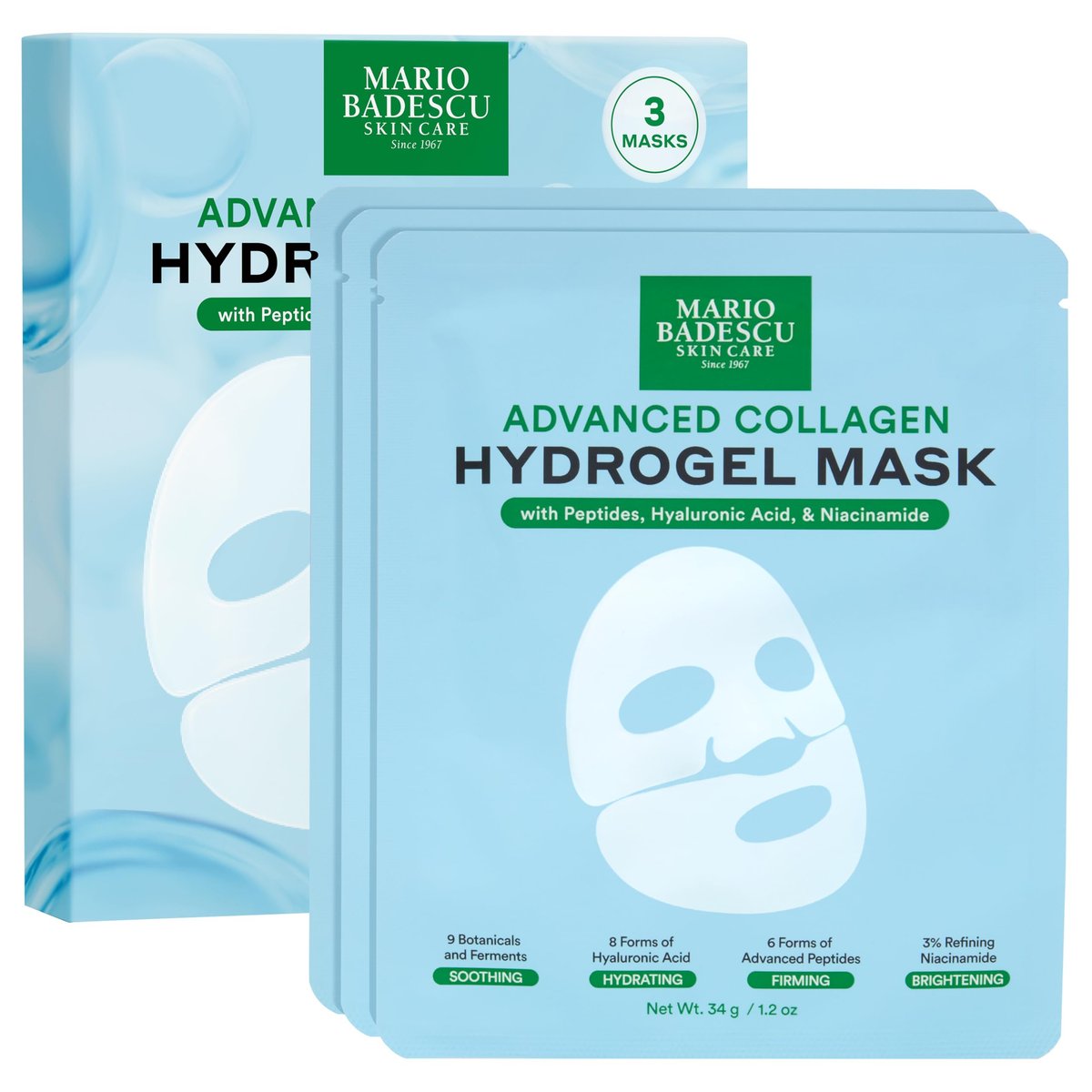 Mario Badescu Advanced Collagen Hydrogel Mask Set of 3 – Hydrating, Firming & Brightening Face Mask with Peptides, Hyaluronic Acid & Niacinamide Avelisse