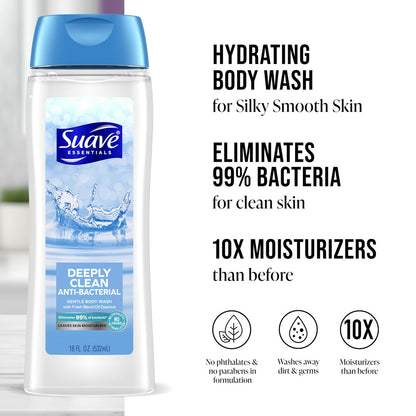 Suave Deeply Clean Antibacterial Body Wash with Glycerin & Vitamin E, Moisturizing Skin Cleanser, Paraben Free, 18 Fl Oz (Pack of 6)