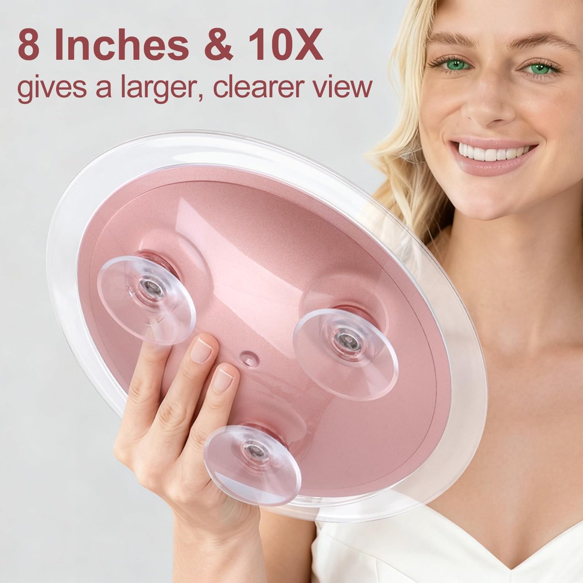 SANTOO Large 8 Inch Round Magnifying Mirror with 3 Suction Cups – 10X Magnification, Rose Gold, for Detailed Grooming and Travel Avelisse