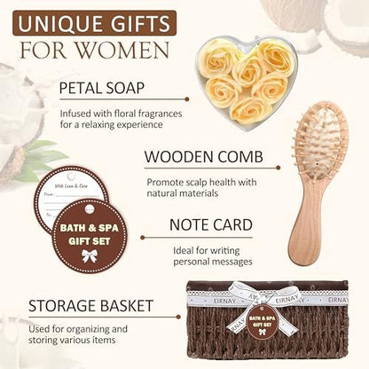 EIRNAY Mother's Day Gifts for Women - 16 Piece Birthday Gift Basket Set: Coconut Vanilla Self Pampering Spa Kit with Shower Gel & Bubble Bath Avelisse