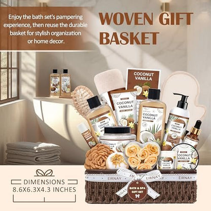 EIRNAY Mother's Day Gifts for Women - 16 Piece Birthday Gift Basket Set: Coconut Vanilla Self Pampering Spa Kit with Shower Gel & Bubble Bath Avelisse
