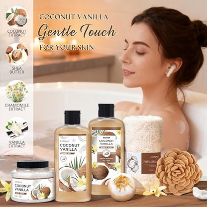 EIRNAY Mother's Day Gifts for Women - 16 Piece Birthday Gift Basket Set: Coconut Vanilla Self Pampering Spa Kit with Shower Gel & Bubble Bath Avelisse