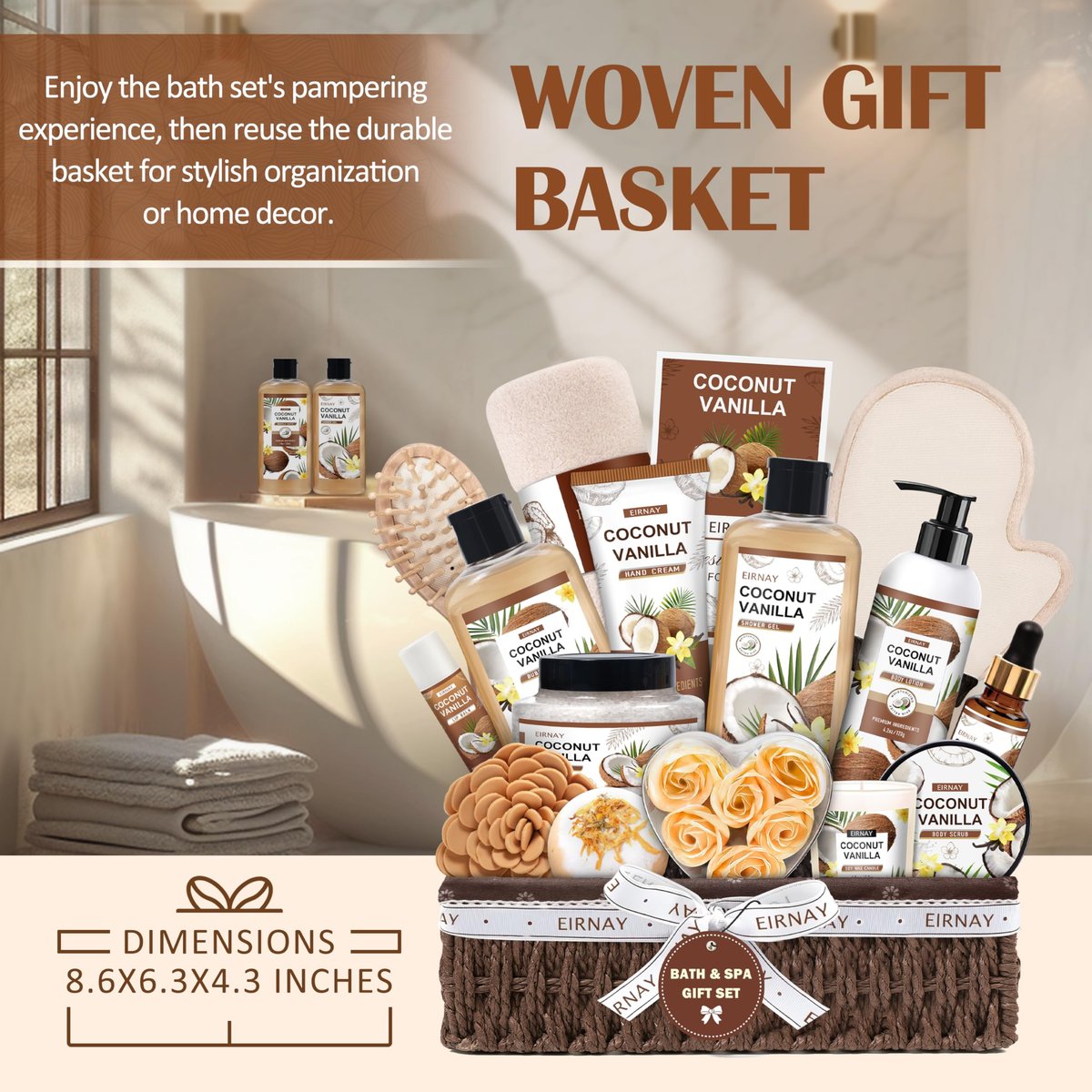 EIRNAY Mother's Day Gifts for Women - 16 Piece Birthday Gift Basket Set: Coconut Vanilla Self Pampering Spa Kit with Shower Gel & Bubble Bath Avelisse
