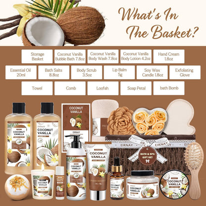 EIRNAY Mother's Day Gifts for Women - 16 Piece Birthday Gift Basket Set: Coconut Vanilla Self Pampering Spa Kit with Shower Gel & Bubble Bath Avelisse