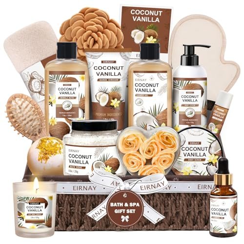 EIRNAY Mother's Day Gifts for Women - 16 Piece Birthday Gift Basket Set: Coconut Vanilla Self Pampering Spa Kit with Shower Gel & Bubble Bath Avelisse