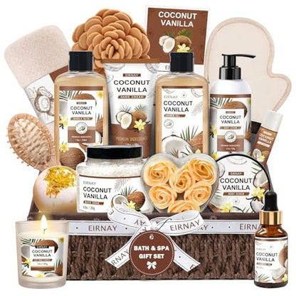 EIRNAY Mother's Day Gifts for Women - 16 Piece Birthday Gift Basket Set: Coconut Vanilla Self Pampering Spa Kit with Shower Gel & Bubble Bath Avelisse