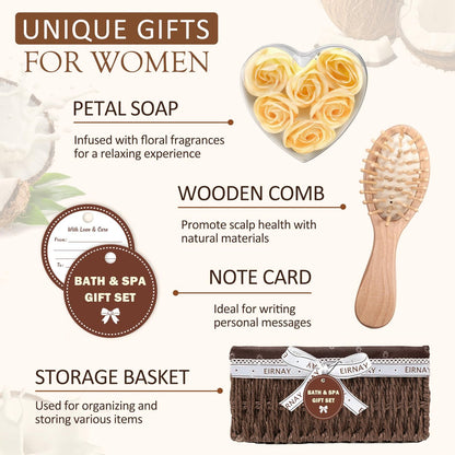 EIRNAY Mother's Day Gifts for Women - 16 Piece Birthday Gift Basket Set: Coconut Vanilla Self Pampering Spa Kit with Shower Gel & Bubble Bath Avelisse