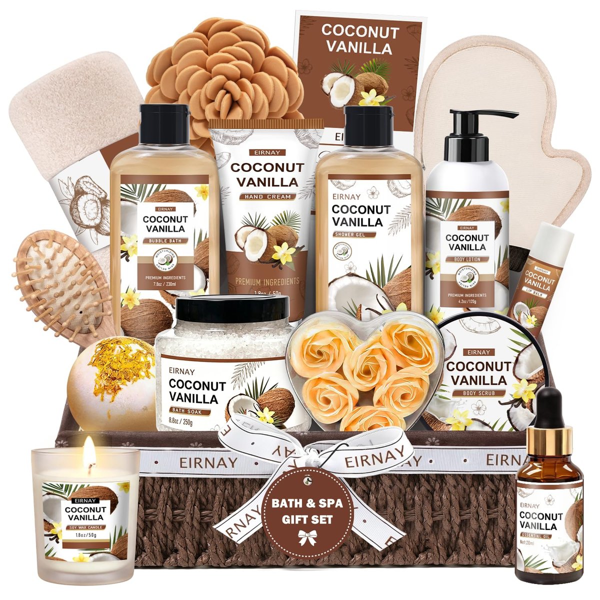 EIRNAY Mother's Day Gifts for Women - 16 Piece Birthday Gift Basket Set: Coconut Vanilla Self Pampering Spa Kit with Shower Gel & Bubble Bath Avelisse
