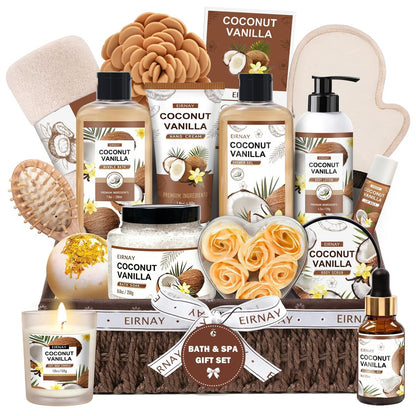 EIRNAY Mother's Day Gifts for Women - 16 Piece Birthday Gift Basket Set: Coconut Vanilla Self Pampering Spa Kit with Shower Gel & Bubble Bath Avelisse