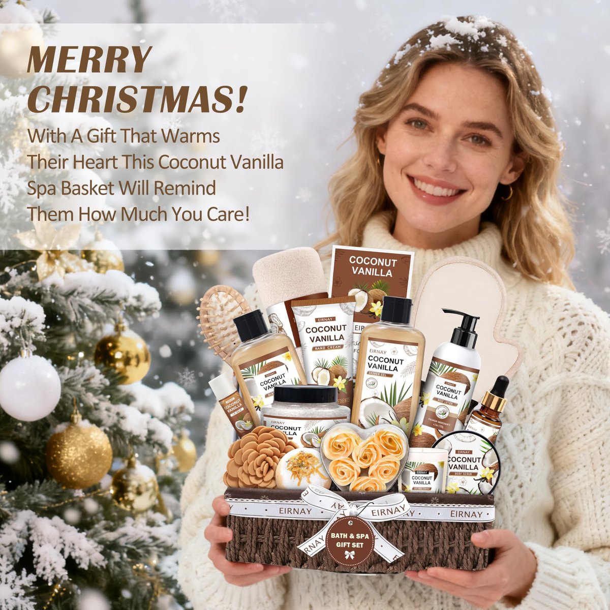 EIRNAY Mother's Day Gifts for Women - 16 Piece Birthday Gift Basket Set: Coconut Vanilla Self Pampering Spa Kit with Shower Gel & Bubble Bath Avelisse