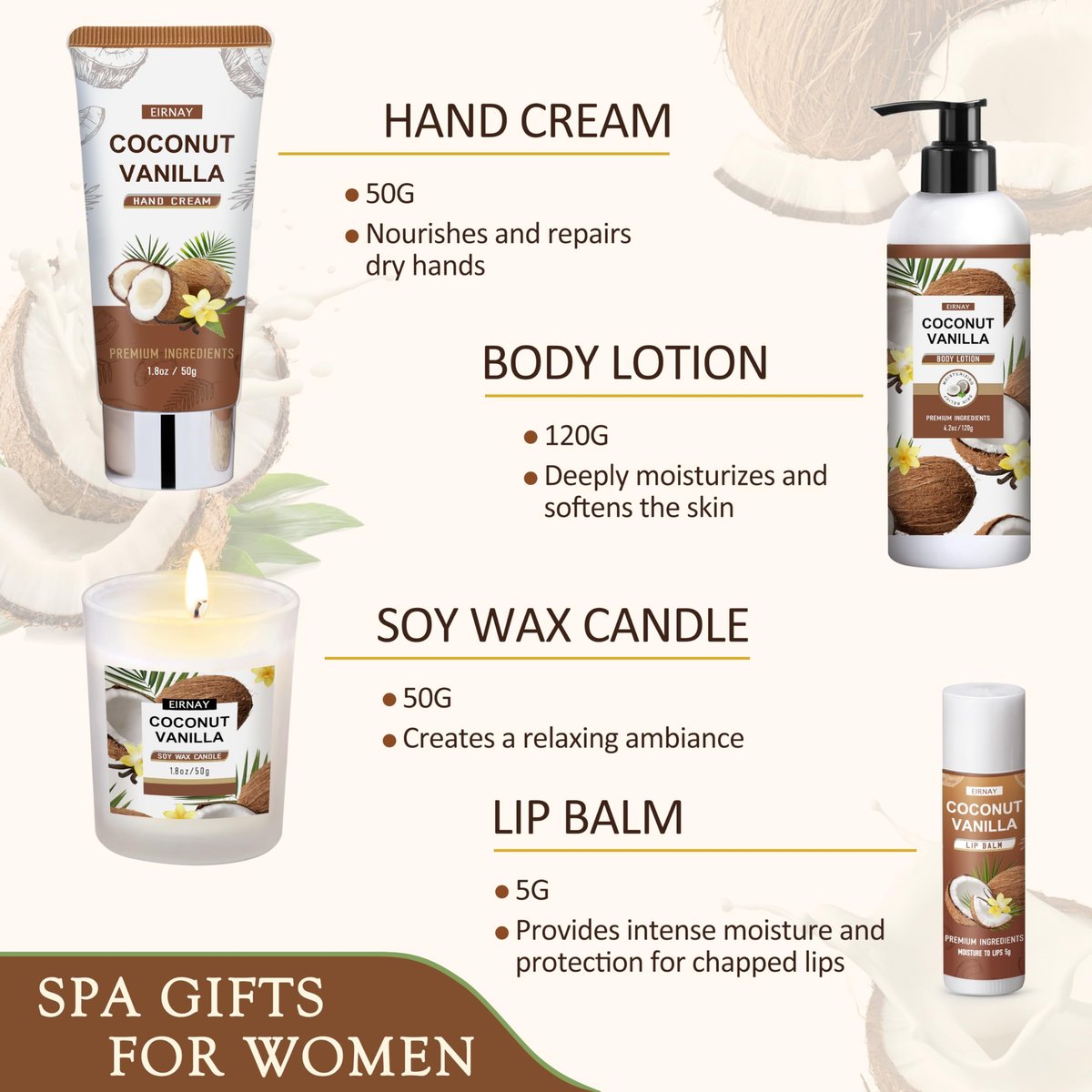 EIRNAY Mother's Day Gifts for Women - 16 Piece Birthday Gift Basket Set: Coconut Vanilla Self Pampering Spa Kit with Shower Gel & Bubble Bath Avelisse