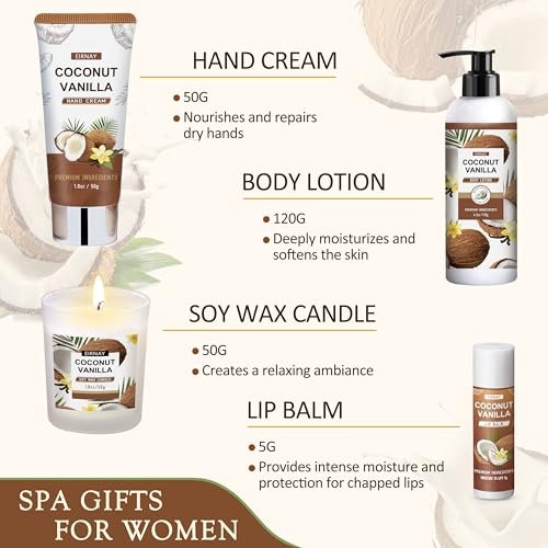 EIRNAY Mother's Day Gifts for Women - 16 Piece Birthday Gift Basket Set: Coconut Vanilla Self Pampering Spa Kit with Shower Gel & Bubble Bath Avelisse