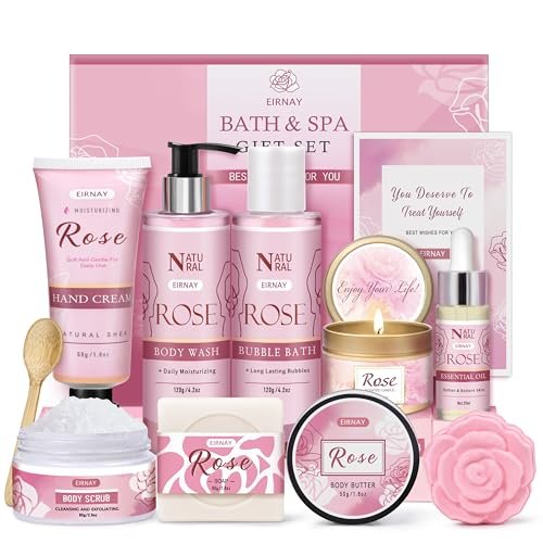 12 PCS Birthday Gifts for Women - Rose Relaxing Spa Basket Self Care Package for Her Mom Sister Wife Friend (Pink) Avelisse