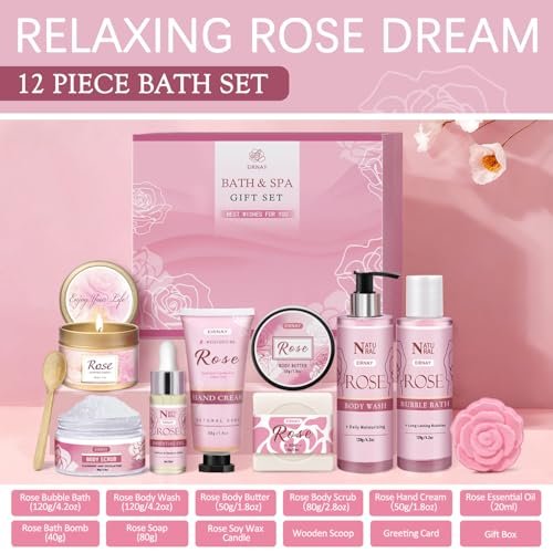 12 PCS Birthday Gifts for Women - Rose Relaxing Spa Basket Self Care Package for Her Mom Sister Wife Friend (Pink) Avelisse