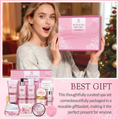 12 PCS Birthday Gifts for Women - Rose Relaxing Spa Basket Self Care Package for Her Mom Sister Wife Friend (Pink) Avelisse