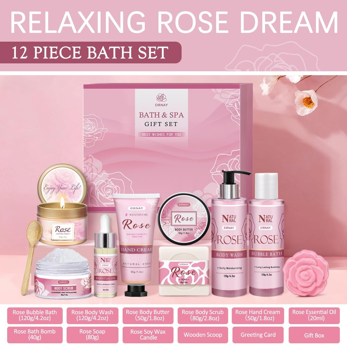 12 PCS Birthday Gifts for Women - Rose Relaxing Spa Basket Self Care Package for Her Mom Sister Wife Friend (Pink) Avelisse