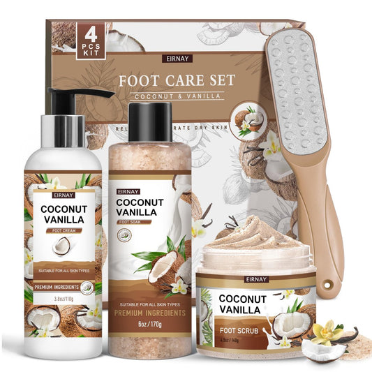 EIRNAY Coconut & Vanilla Foot Soak Set - Complete Pedicure Kit with Salts, File, Scrub & Urea Cream for Dry, Cracked Feet - Foot Spa for Women & Men Avelisse