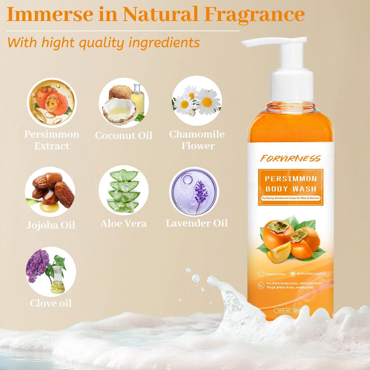 Forvirness Persimmon Body Wash for Old People Smell – Natural Deodorant Bar Soap for Strong Odor, Persimmon Liquid Soap for Smelly Feet, Cleansing Body Deodorizing Nonenal Eliminator - görsel 3