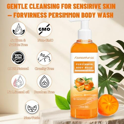 Forvirness Persimmon Body Wash for Old People Smell – Natural Deodorant Bar Soap for Strong Odor, Persimmon Liquid Soap for Smelly Feet, Cleansing Body Deodorizing Nonenal Eliminator