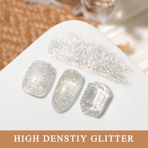 NovaCharm Clear Sparkle Nail Polish - Quick Dry Glitter Top Coat, 12ml Silver Holographic Shimmer Nail Lacquer (No UV Needed) Avelisse