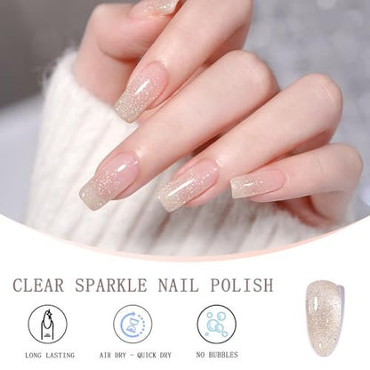 NovaCharm Clear Sparkle Nail Polish - Quick Dry Glitter Top Coat, 12ml Silver Holographic Shimmer Nail Lacquer (No UV Needed) Avelisse